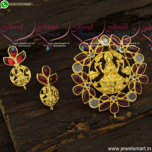 Spinel Ruby Stones Temple Gajalakshmi Gold Pendant Set Designs New Arrivals PS23873