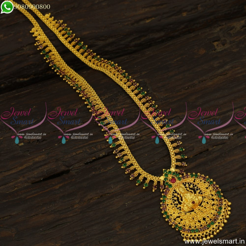 NL16391 Spiral Design Chain Temple Laxmi God Pendant Gold Covering Long Necklace Latest Designs