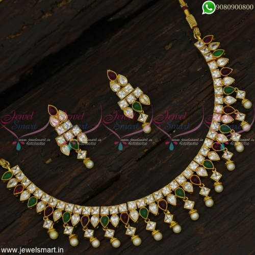 Square AD Stone Fashion Jewellery Set Antique Gold Plated Bridal Collections NL22877