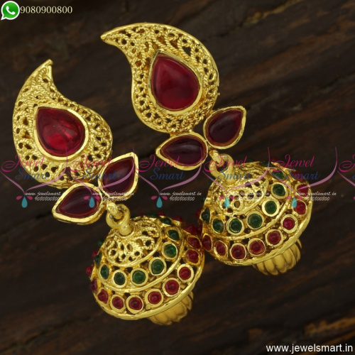 Stylish Mango Shape Jhumka Earrings Kemp Stones Original Online J23747