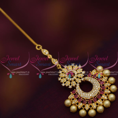 T7505 CZ Ruby White Broad Pearl Delicate Nethichutti Maang Tikka Fashion Jewellery Online
