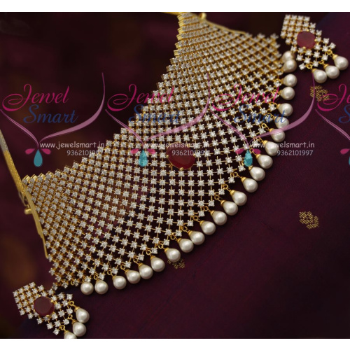 CH3604 CZ White Ruby Broad Big Choker Set Grand Wedding Jewellery Set Online