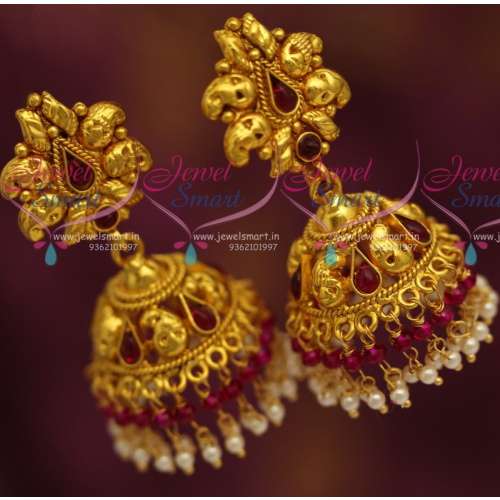 J7174 Gold Design Two Step Red Pearl Bead Drops Jhumka Fashion Jewellery Online
