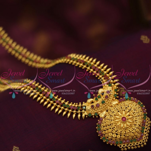 NL7467 Kerala Design Haram Long Necklace Ruby Emerald Gold Plated Jewellery Online