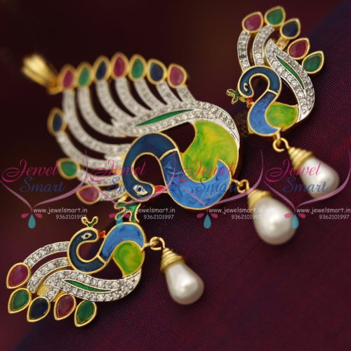 PS7578 Peacock Design Multi Colour Meenakari Enamel Pendant Jewellery Set Online