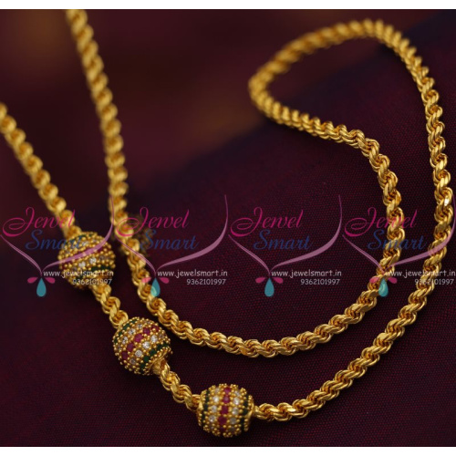 C7437 Gold Plated Thali Kodi Chain Ruby Emerald White Fancy Ball Mugappu 3.5 MM 24 Inches Shop Online