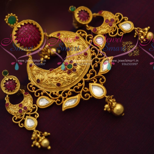 PS7380 One Gram Gold Design Plated Fashion Jewellery Chand Bali Pendant Set Screwback