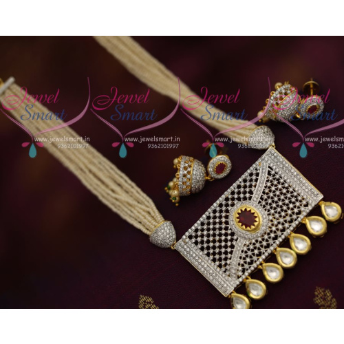 NL7370 Fancy Beaded Pearls CZ Ruby Rectangle Kundan Pendant Small Jhumka Online