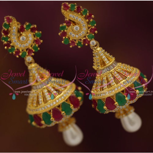 J7577 Ruby Emerald CZ Peacock Design Gold Plated Jhumka Earrings New Collections
