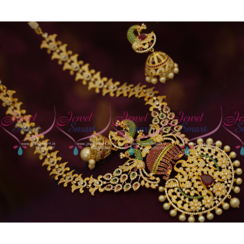 NL7763 Peacock Broad Grand  Ruby Emerald Necklace Big Jhumka Earrings Rich Look Jewellery Online