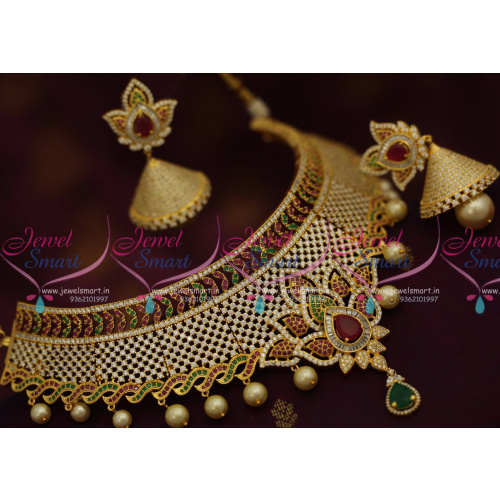 NL7814 Gold Design CZ Ruby Emerald Grand Choker Necklace Bollywood Diamond Design Jewellery