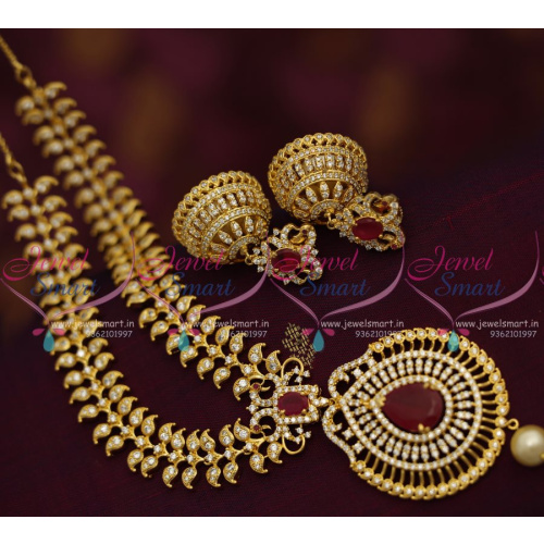 NL7713 Broad Grand CZ Ruby Necklace Big Jhumka Earrings Rich Look Jewellery Online