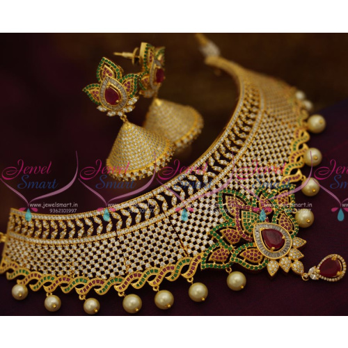 NL7745 Exclusive CZ Ruby Emerald Grand Choker Necklace Bollywood Diamond Design Jewellery