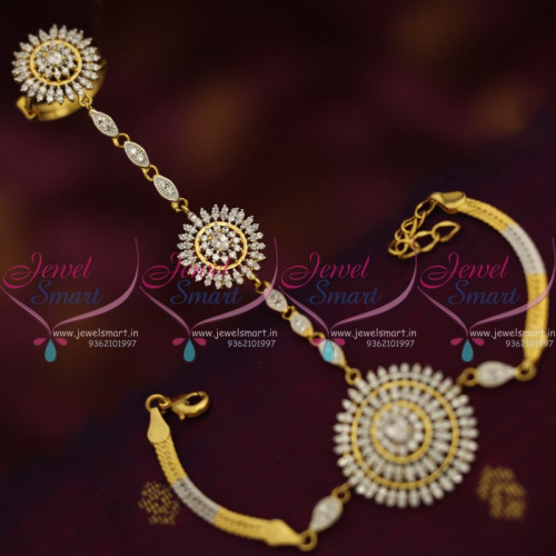 F7625 Gold Plated Hathful Design CZ Finger Ring Bracelet Linked Fashion Jewellery Shop Online