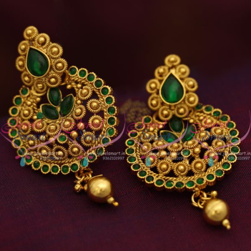 ER7722 Chand Bali Earrings Green Colour Kemp Fancy Design Antique Gold Plated