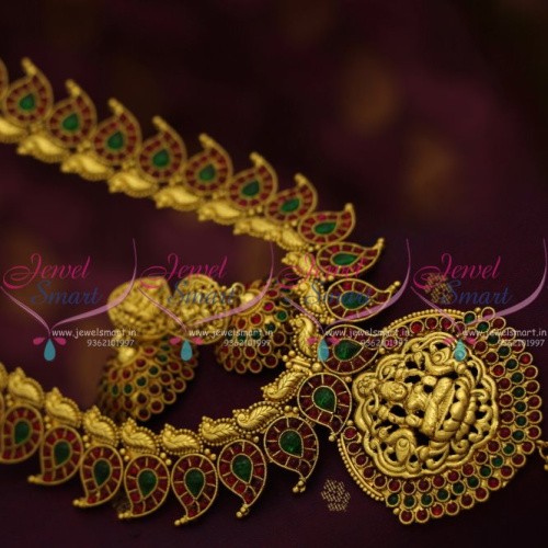 NL7776 Kerala Design Kemp Red Green Nagas Temple Jewellery Haram Long Broad Jhumka Online