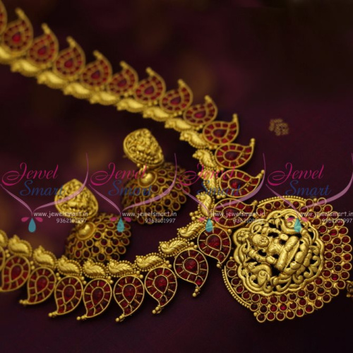 NL7775 Kerala Design Kemp Red Nagas Temple Jewellery Haram Long Broad Jhumka Online