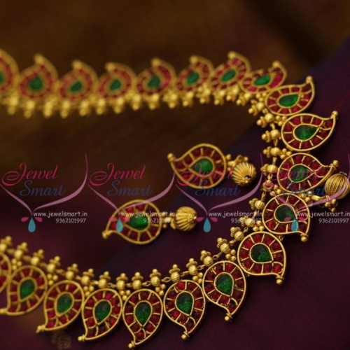 NL7743 Kerala Design Red Green Mango Mala Jewellery Long Necklace Haram Antique Finish Online