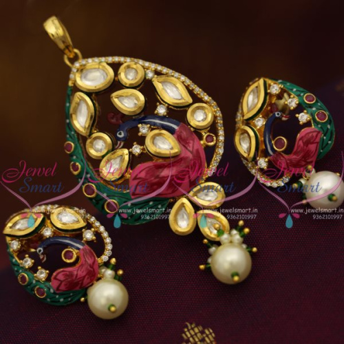 PS7592 Kundan CZ Ruby Meena Enamel Peacock Fashion Jewellery Pendant Earrings Set Online