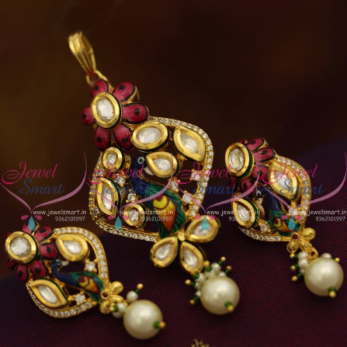 PS7594 Kundan CZ Meenakari Fashion Jewellery Pendant Earrings Set Online