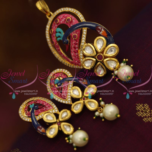 PS7598 Peacock Kundan CZ Meena Enamel Fashion Jewellery Pendant Earrings Set Online