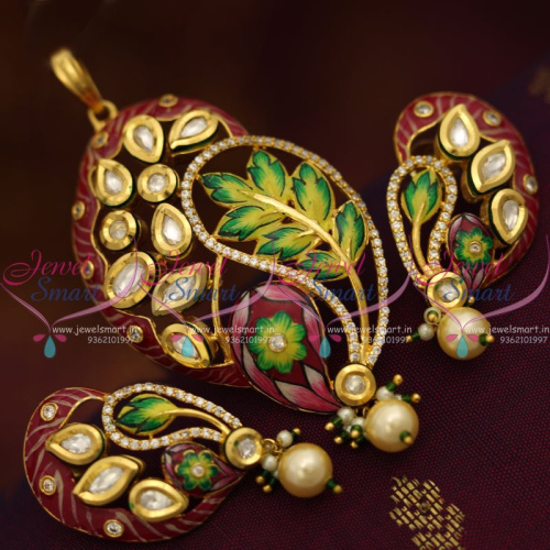PS7600 Leaf Kundan CZ Meena Enamel Fashion Jewellery Pendant Earrings Set Online