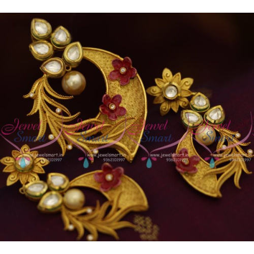 PS7749 Mat Finish Gold Floral Design Kundan Fashion Jewellery Pendant Earrings Online