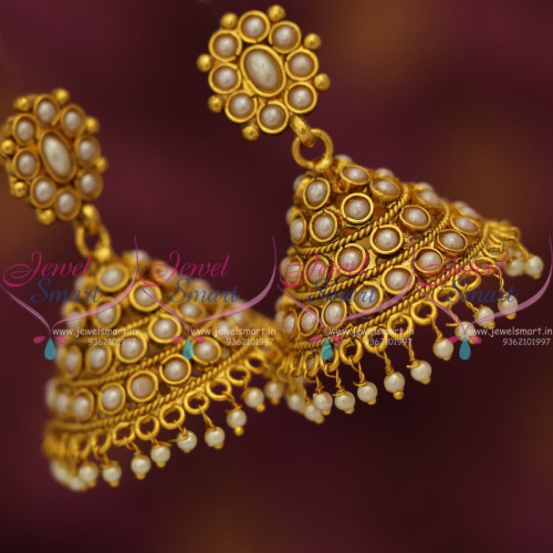 J7645 Antique Gold Plated Pearl Wide Jhumka Fancy Design Jewellery Collections