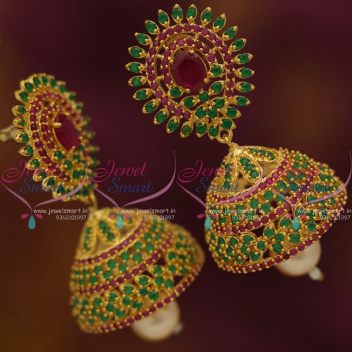 J7724 Ruby Emerald Big Broad Jhumka Earrings Pearl Drops Fashion Jewellery Collecions Online