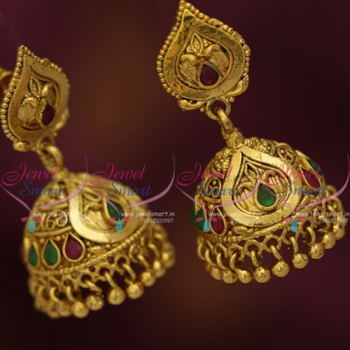 J7636 Screwback Jhumka Earrings Antique Gold Plated Red Green Jewellery Online