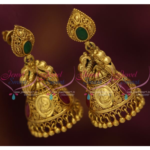 J7638 Screwback Temple Coin Jhumka Earrings Antique Gold Plated Jewellery Online