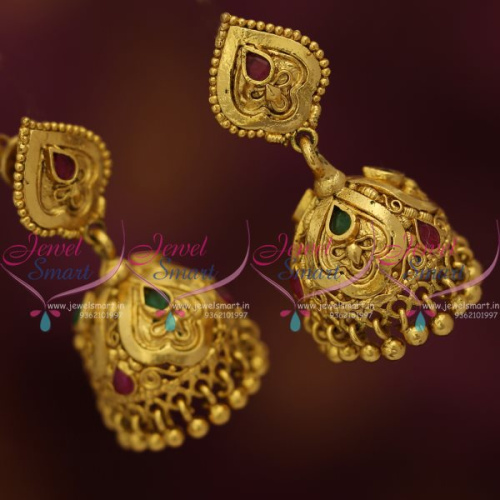 J7640 Screwback Jhumka Earrings Antique Gold Plated Red Green Jewellery Online