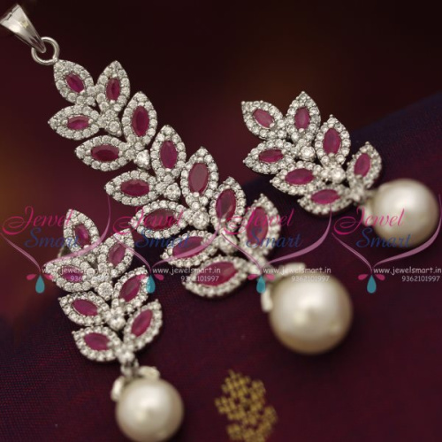 PS7606 CZ Ruby Silver Plated Leaf Design Pendant Set Fashion Jewellery Shop Online