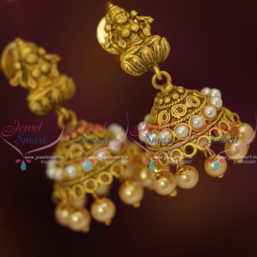 J7641 Antique Mat Finish Gold Plated Temple Jewellery Pearl Jhumka Earrings Online