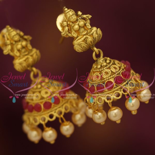 J7642 Antique Mat Finish Gold Plated Temple Jewellery Red Stone Jhumka Earrings Online