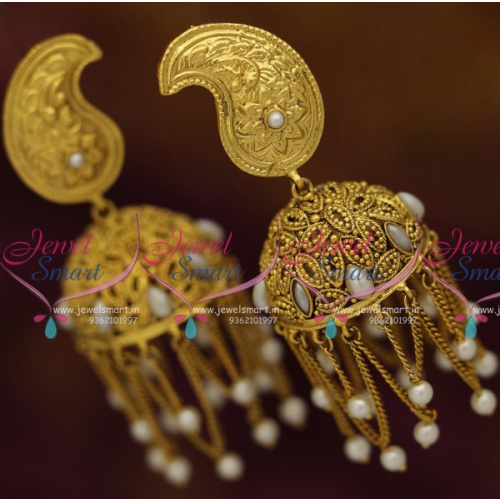 J7880 Long Size Antique Colour Rajwadi Jhumka Earrings Pearl Chain Danglers Fancy Design