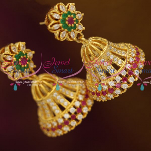 J8014 Ruby Emerald White CZ Neatly Finished Floral Design Imitation Jhumka Earrings