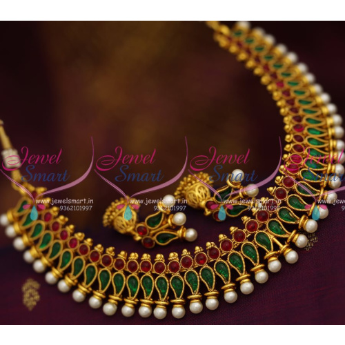 NL8197 Fancy Red Green Colour Kemp Mango Necklace Small Jhumka Earrings Online