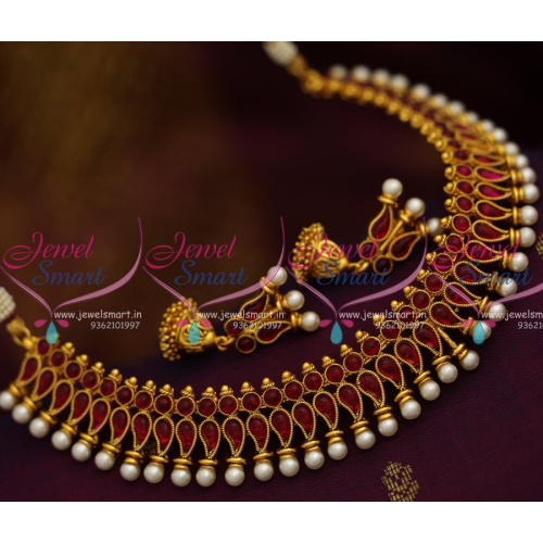 NL8198 Fancy Red Colour Kemp Mango Necklace Small Jhumka Earrings Online