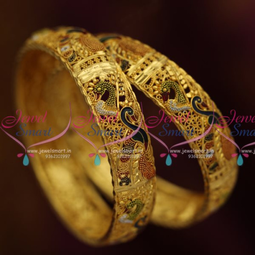 B5300M 2.6 Size Gold Plated Delicate Meena Broad Peacock Bangles Online