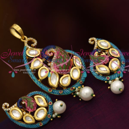 PS7591 Kundan CZ Meena Enamel Fashion Jewellery Pendant Earrings Set Online