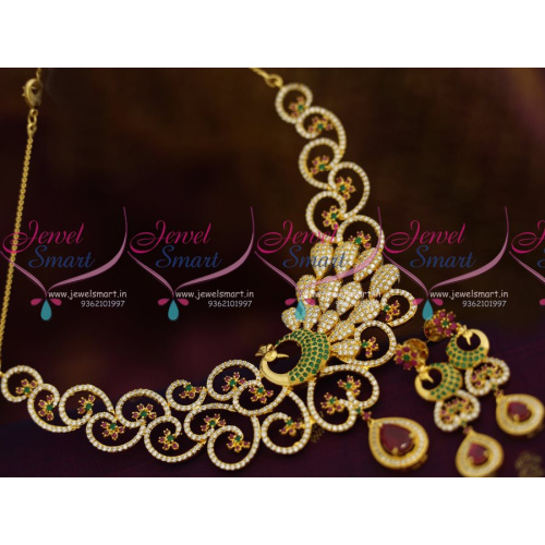 NL8137 Peaock Design Ruby Emerald White Broad Delicate Gold Finish Necklace Set