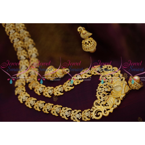 NL8038 Peacock Broad Grand CZ Haram Long Necklace Jhumka Earrings Rich Look Jewellery Online