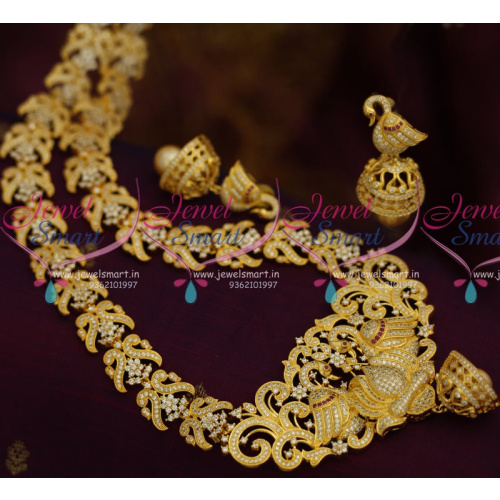 NL8038 Peacock Broad Grand CZ Haram Long Necklace Jhumka Earrings Rich Look Jewellery Online