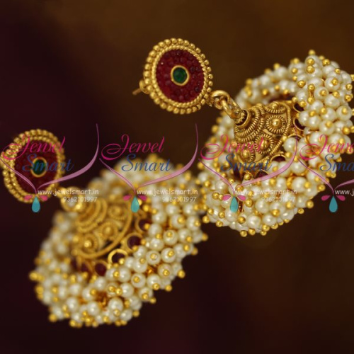 J8013 Broad Pearl Danglers Gold Design Jhumka Earrings Latest Imitation Collections