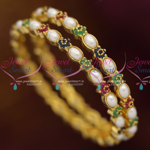 B8050 Pearl Navratna Gold Design Ruby Emerald Blue Stones Traditional Bangles Online