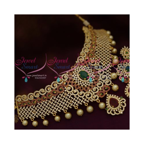NL7998 Gold Jewellery New Design Grand Ruby CZ Pearl Choker Necklace Bridal Collections