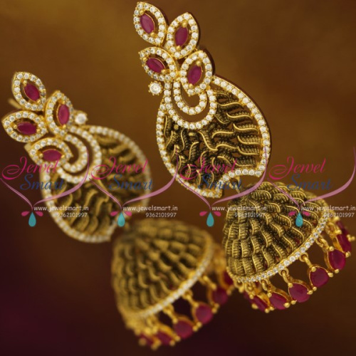 Brushed Copper Antique Finish Ruby CZ Handmade Latest Jhumka Earrings Online