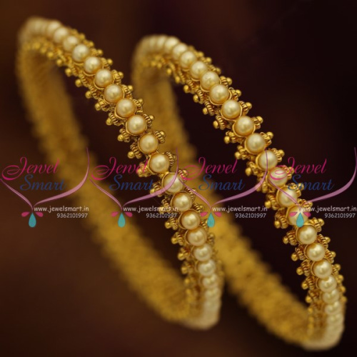 B8454 Fancy 2 Pcs Set Pearl Bangles Design High Gold Plated Imitation Jewellery