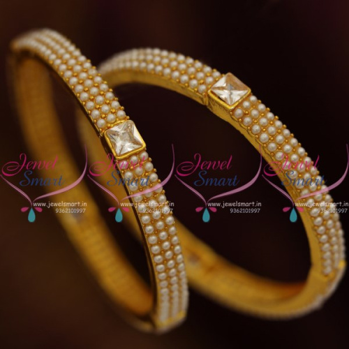 B8456 Fancy 2 Pcs Set Pearl Bangles Design High Gold Plated Imitation Jewellery